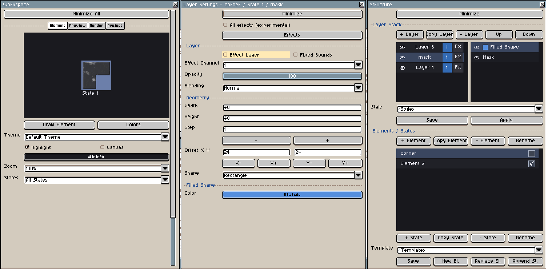 Corner decoration element built from layers and mask effects