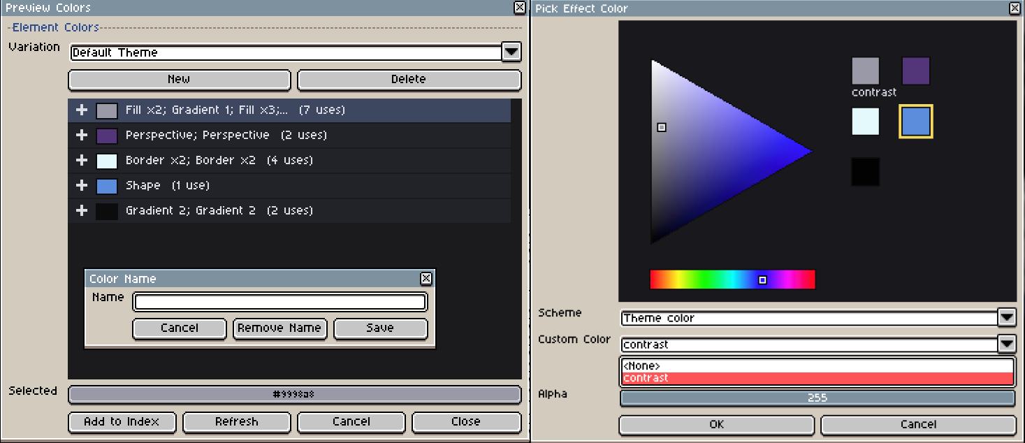 PixMold color theme window with named colors and variations